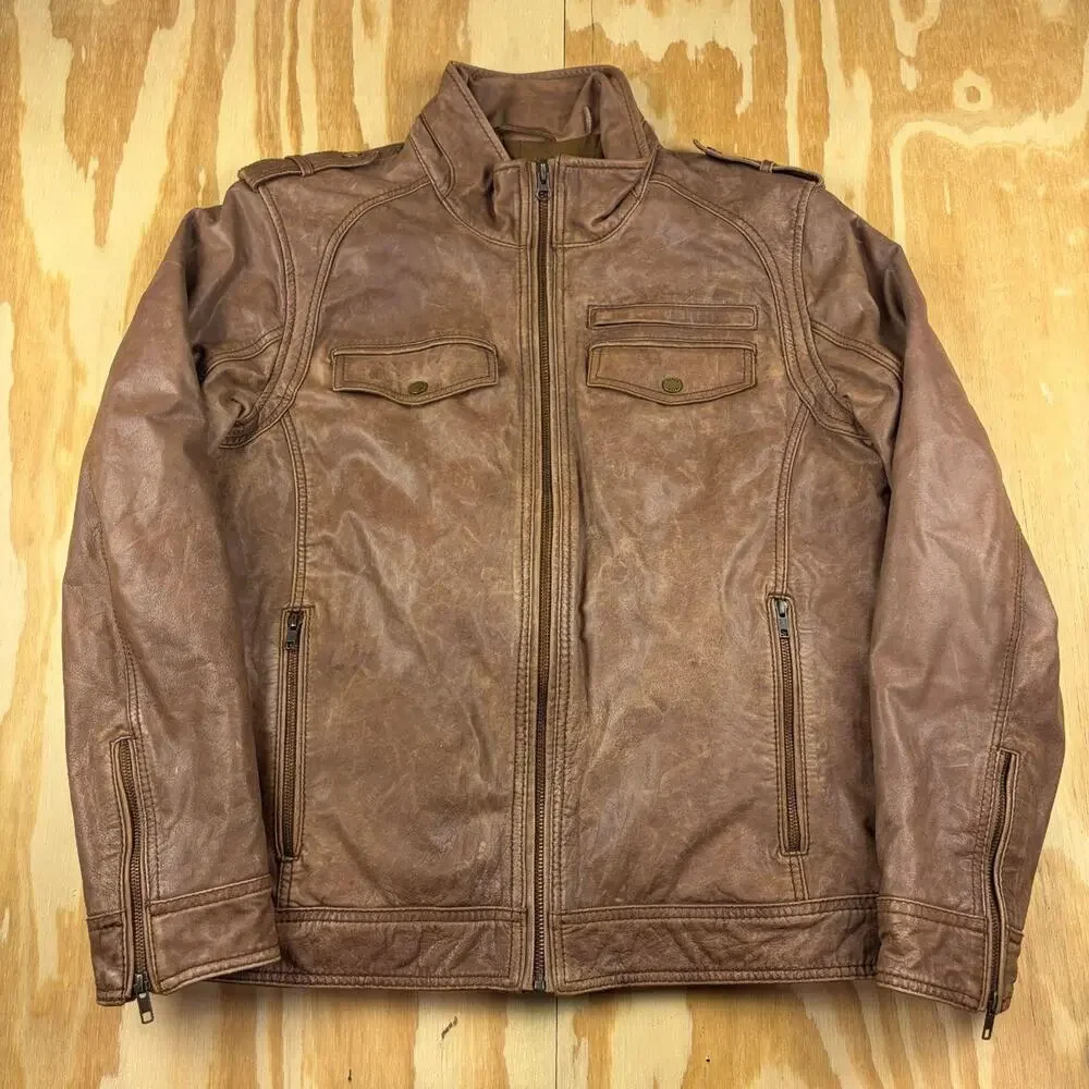 Vintage Black Rivet Distressed Leather Moto Jacket – Brown – Men’s XL